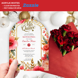 Quinceañera Red Gold Mis Quince Rozen Flowers Acryl Uitnodigingen