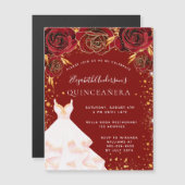 Quinceanera red gold white jurk luxe magnetische uitnodiging (Voorkant / Achterkant)