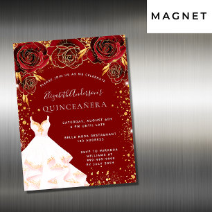 Quinceanera red gold white jurk luxe magnetische uitnodiging