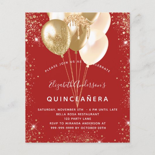 Quinceanera red goudballonnen budget flyer (Voorkant)