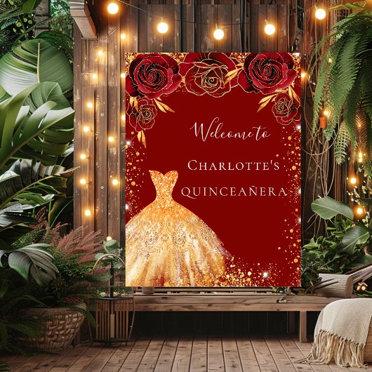 Quinceanera red goudglitter jurk floraal welkom perfect poster