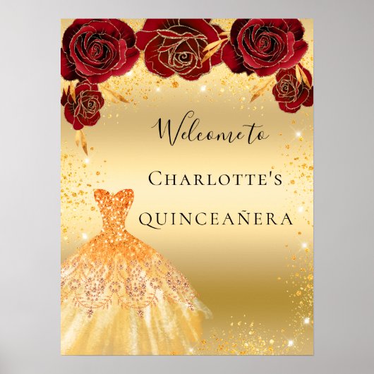 Quinceanera red goudglitter jurk floraal welkom poster (Voorkant)