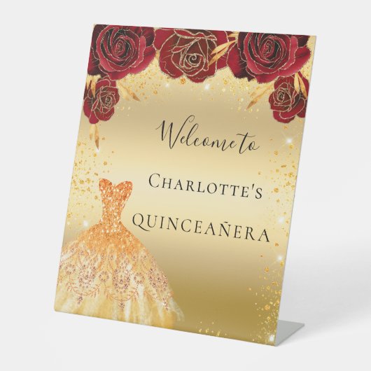 Quinceanera red goudglitter jurk floraal welkom reclamebord met voetstuk (Voorkant)