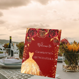 Quinceanera red goudglitter jurk floraal welkom reclamebord met voetstuk