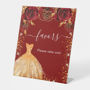 Quinceanera red goudglitter jurk florale pleisters reclamebord met voetstuk
