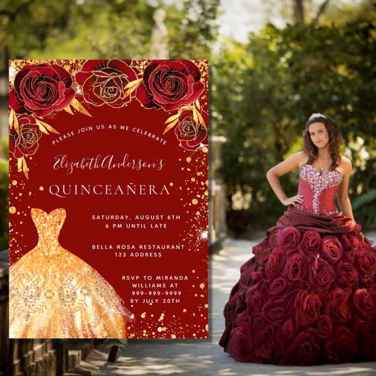 Quinceanera red goudglitter jurk kaart