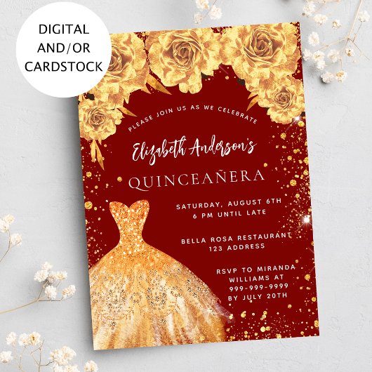 Quinceanera red goudglitter jurk rozen kaart
