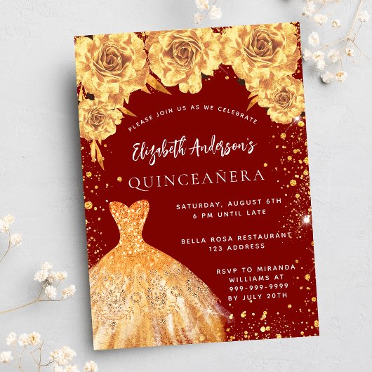 Quinceanera red goudglitter jurk rozen uitnodiging briefkaart