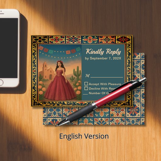  Quinceañera Red Gown Theme RSVP Kaartje