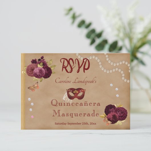 Quinceañera Red Masquerade Bourgondische Engelse R RSVP Kaartje (Staand voorkant)