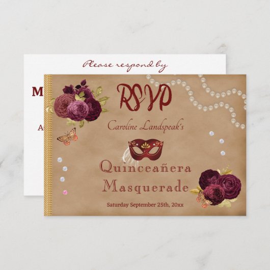 Quinceañera Red Masquerade Bourgondische Engelse R RSVP Kaartje (Voorkant / Achterkant)