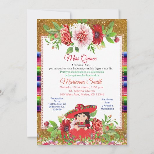 Quinceanera Red Mexican Miss Quince Invite Kaart (Voorkant)