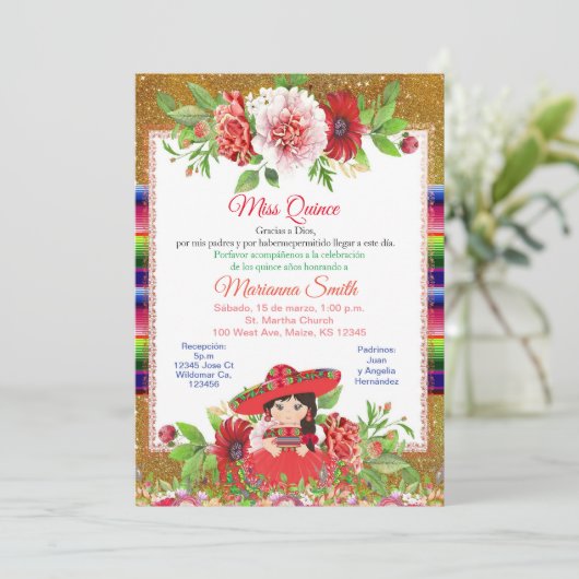 Quinceanera Red Mexican Miss Quince Invite Kaart (Staand voorkant)