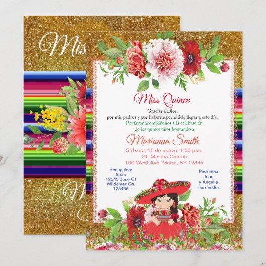 Quinceanera Red Mexican Miss Quince Invite Kaart (Voorkant / Achterkant)