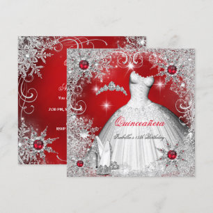 Quinceanera Red Pearl Silver Winter Snowflakes Kaart