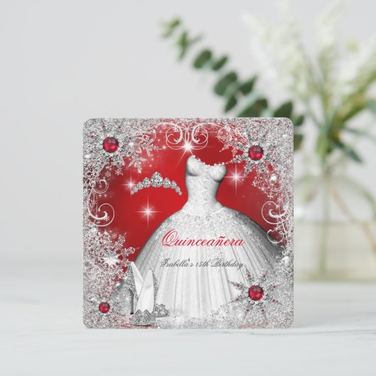 Quinceanera Red Pearl Silver Winter Snowflakes Kaart (Staand voorkant)