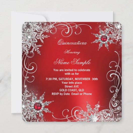 Quinceanera Red Pearl Silver Winter Snowflakes Kaart (Achterkant)