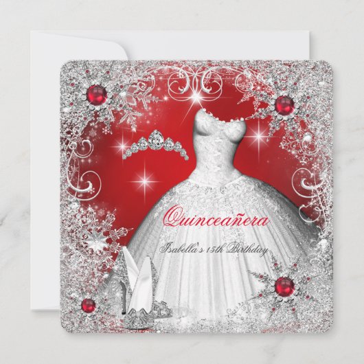 Quinceanera Red Pearl Silver Winter Snowflakes Kaart (Voorkant)