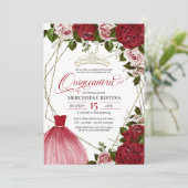 Quinceañera red roos gouden tiara kaart (Staand voorkant)