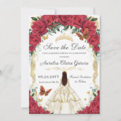 Quinceañera Red Rose Bloemen Wit Ivoor Jurk Goud Save The Date (Voorkant)