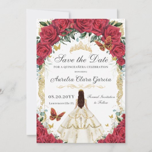Quinceañera Red Rose Bloemen Wit Ivoor Jurk Goud Save The Date (Voorkant)