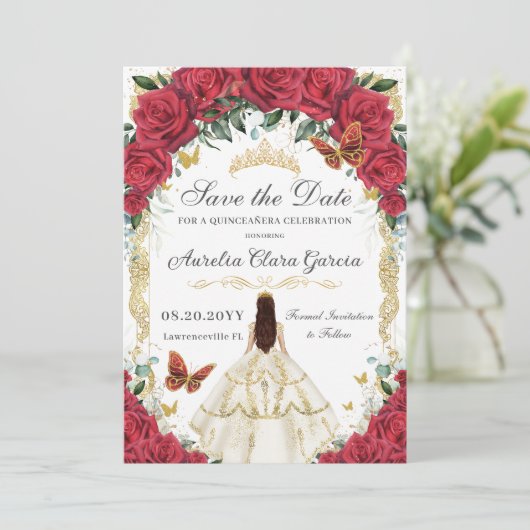 Quinceañera Red Rose Bloemen Wit Ivoor Jurk Goud Save The Date (Staand voorkant)