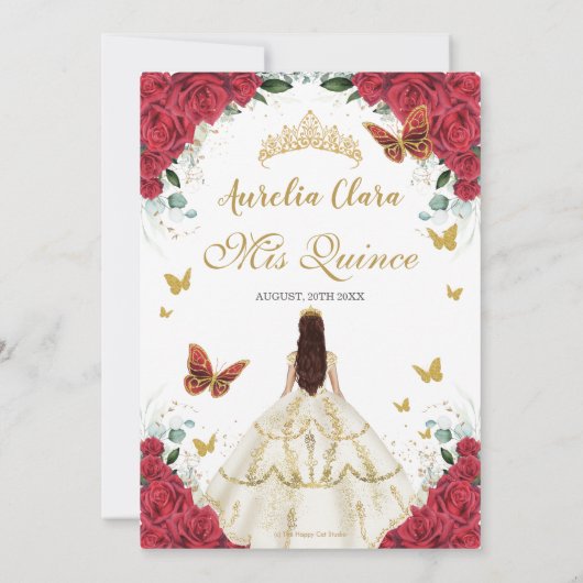 Quinceañera Red Rose Bloemen Wit Ivoor Jurk Goud Save The Date (Achterkant)