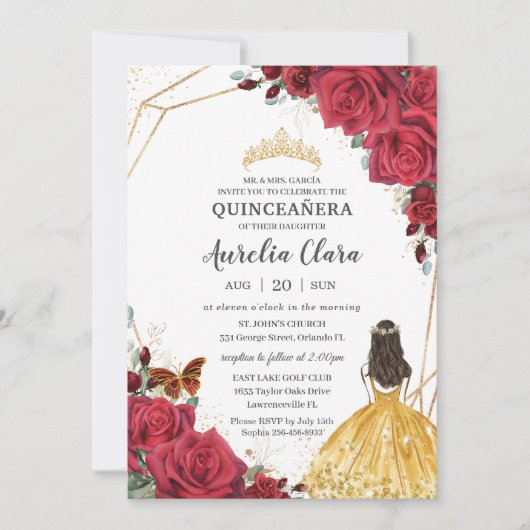 Quinceañera Red Rose Floral Yellow Dress Princess Kaart (Voorkant)