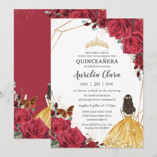 Quinceañera Red Rose Floral Yellow Dress Princess Kaart (Voorkant / Achterkant)