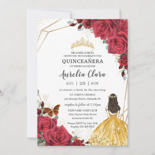 Quinceañera Red Rose Floral Yellow Dress Princess Kaart