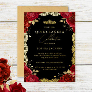 Quinceanera Red Rose Gold Lace Birthday Folie Uitnodiging