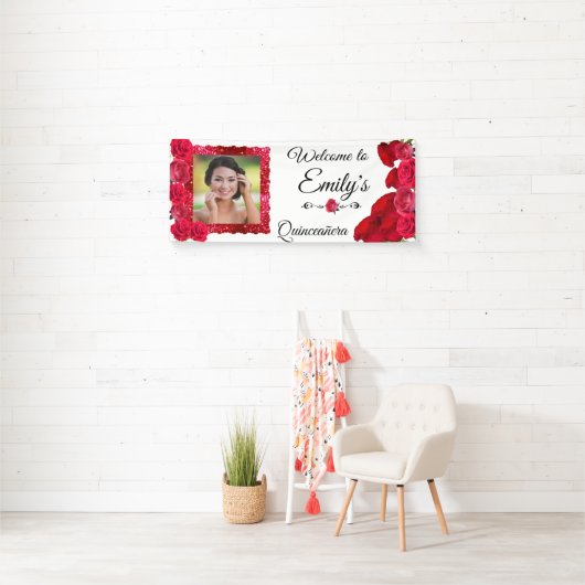 Quinceanera  Red Roses en Red Glitter Lijst Spandoek (Insitu)