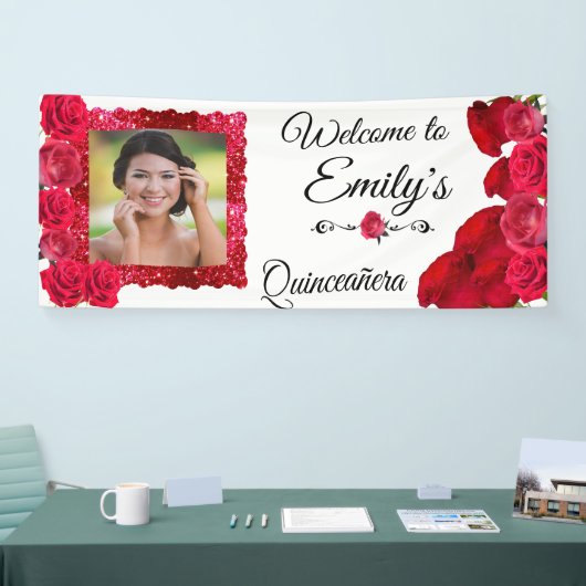 Quinceanera  Red Roses en Red Glitter Lijst Spandoek (Beurs)