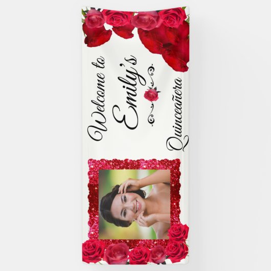 Quinceanera  Red Roses en Red Glitter Lijst Spandoek (Verticaal)
