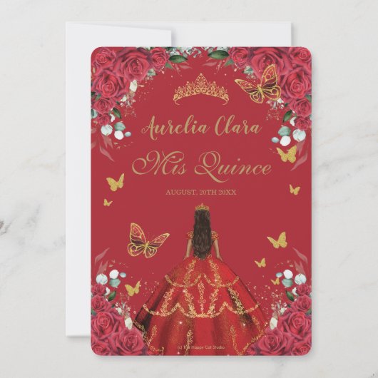 Quinceañera Red Roses Floral Gold Princess 16th Kaart (Achterkant)