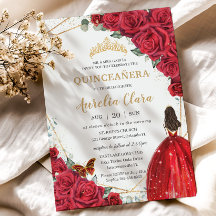 Quinceañera Red Roses Floral Gold Princess Crown