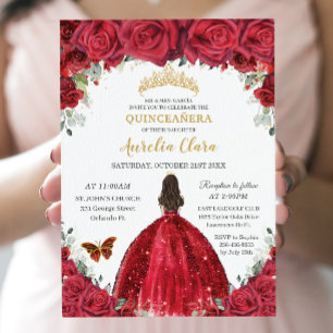 Quinceañera Red Roses Floral Princess Gown Gold Kaart