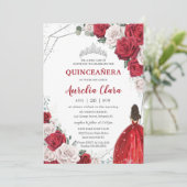 Quinceañera Red Roses Floral Princess Silver Crown Kaart (Staand voorkant)