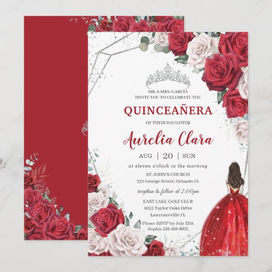 Quinceañera Red Roses Floral Princess Silver Crown Kaart (Voorkant / Achterkant)