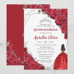 Quinceañera Red Roses Floral Silver Princess Tiara Kaart