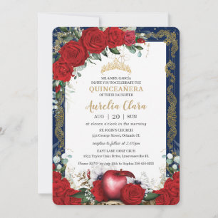 Quinceañera Red Roses Floral Snow White Navy Gold Kaart