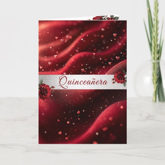 Quinceanera Red Roses Hearts Red Satin (Voorkant)