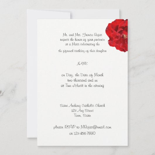 Quinceanera, Red Roses Invitation / Sweet Sixteen Kaart (Achterkant)