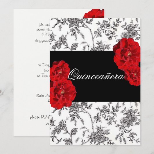 Quinceanera, Red Roses Invitation / Sweet Sixteen Kaart (Voorkant / Achterkant)