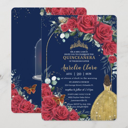 Quinceañera Red Roses Princess Yellow Dress Blue Kaart (Voorkant / Achterkant)