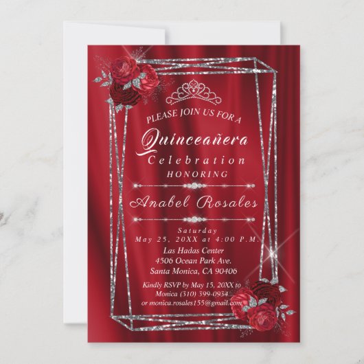 Quinceanera Red Roses & Silver Glitter Kaart (Voorkant)