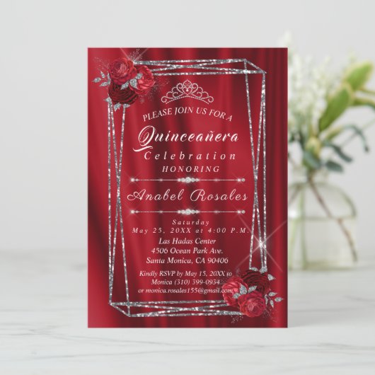 Quinceanera Red Roses & Silver Glitter Kaart (Staand voorkant)