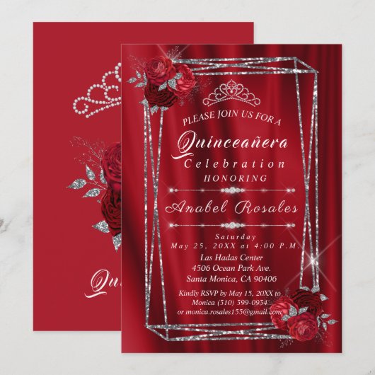 Quinceanera Red Roses & Silver Glitter Kaart (Voorkant / Achterkant)