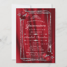 Quinceanera Red Roses & Silver Glitter Kaart