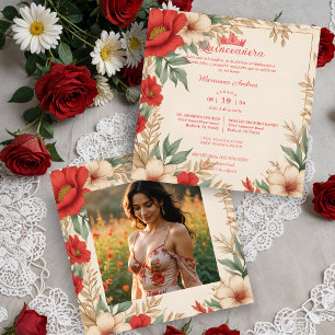 Quinceañera Red Shades Sweet Floral Spaanse foto Kaart